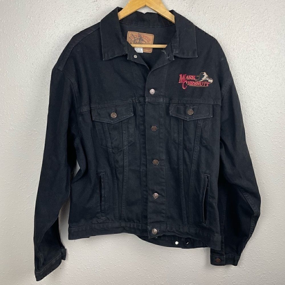 Vintage 90s Mark Chesnutt Embroidered Autographed Black Denim Jean Jacket Size L
